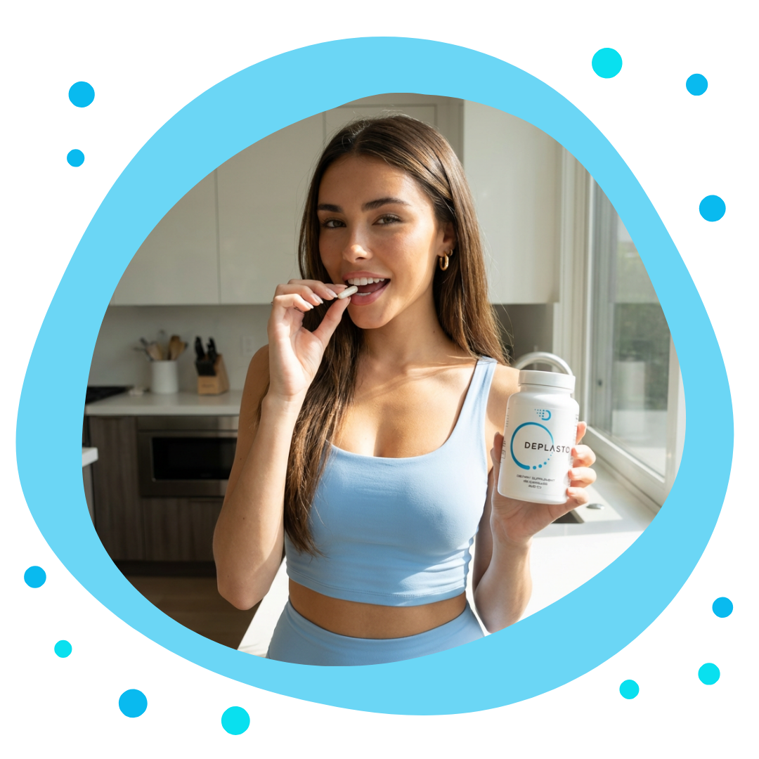 Image of model holding Deplasto's microplastic detox supplement